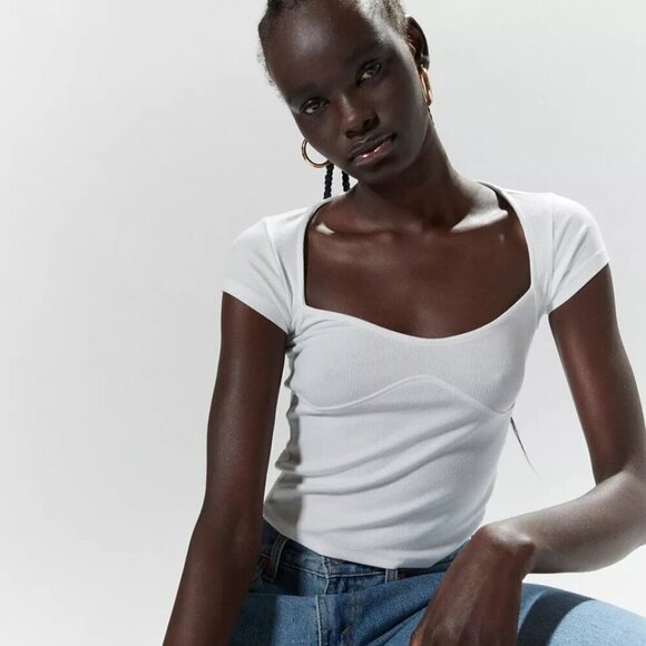 NWT UO Silence + Noise Greta Cap Sleeve White Cropped Tee - Picture 1 of 6